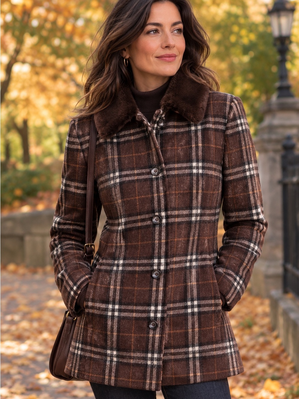 Bossini Vintage Wool Blend Plaid Peacoat Jacket w/ Faux Fur Collar, Brown US 11
